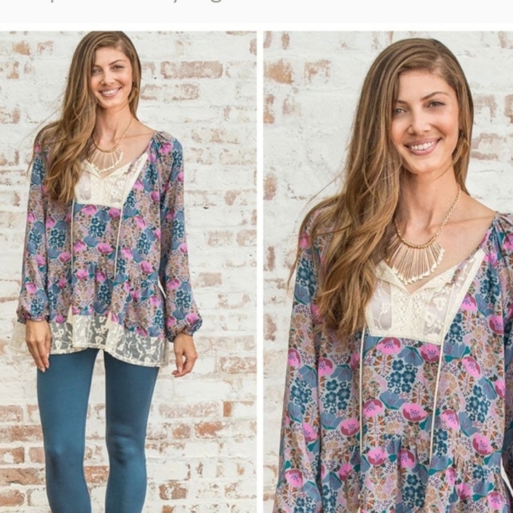 SALE NWT Floral Lace Trim Oversized Top